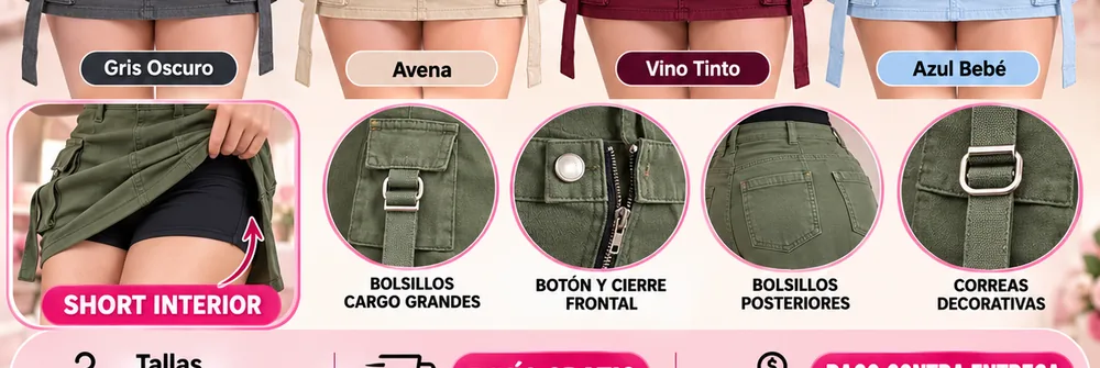 Los cuatro detalles de la falda: bolsillos cargo grandes, botón y cierre frontal, bolsillos posteriores y correas decorativas.